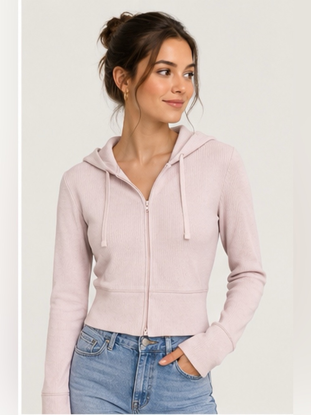 BP Cropped Ribbed Zip Up Hoodie | Pink Primrose | Size XS